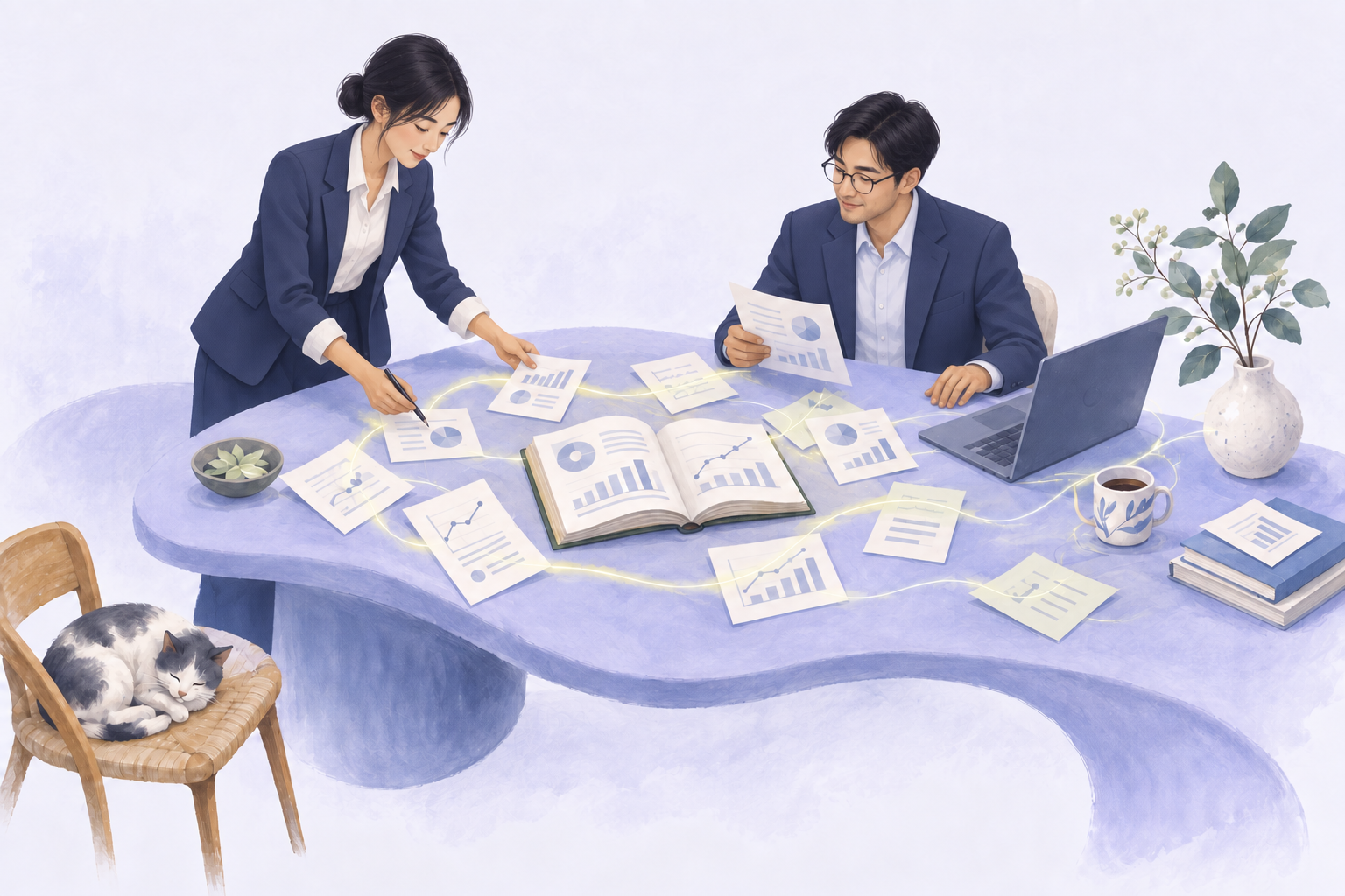 兩位東亞專業顧問在流動的桌面旁討論報告與知識,象徵資訊、對話與工具在共同空間相遇